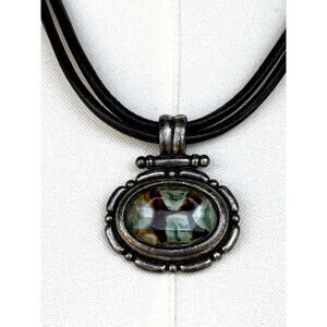 Chico’s Silver Tone Mosaic Glass Pendant Necklace Dark Cord Artisan Boho